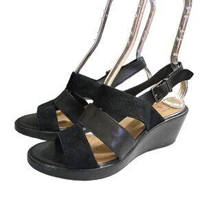 Clarks Un Plaza Go Combi Black Leather Wedge Sandal Sz 8.5